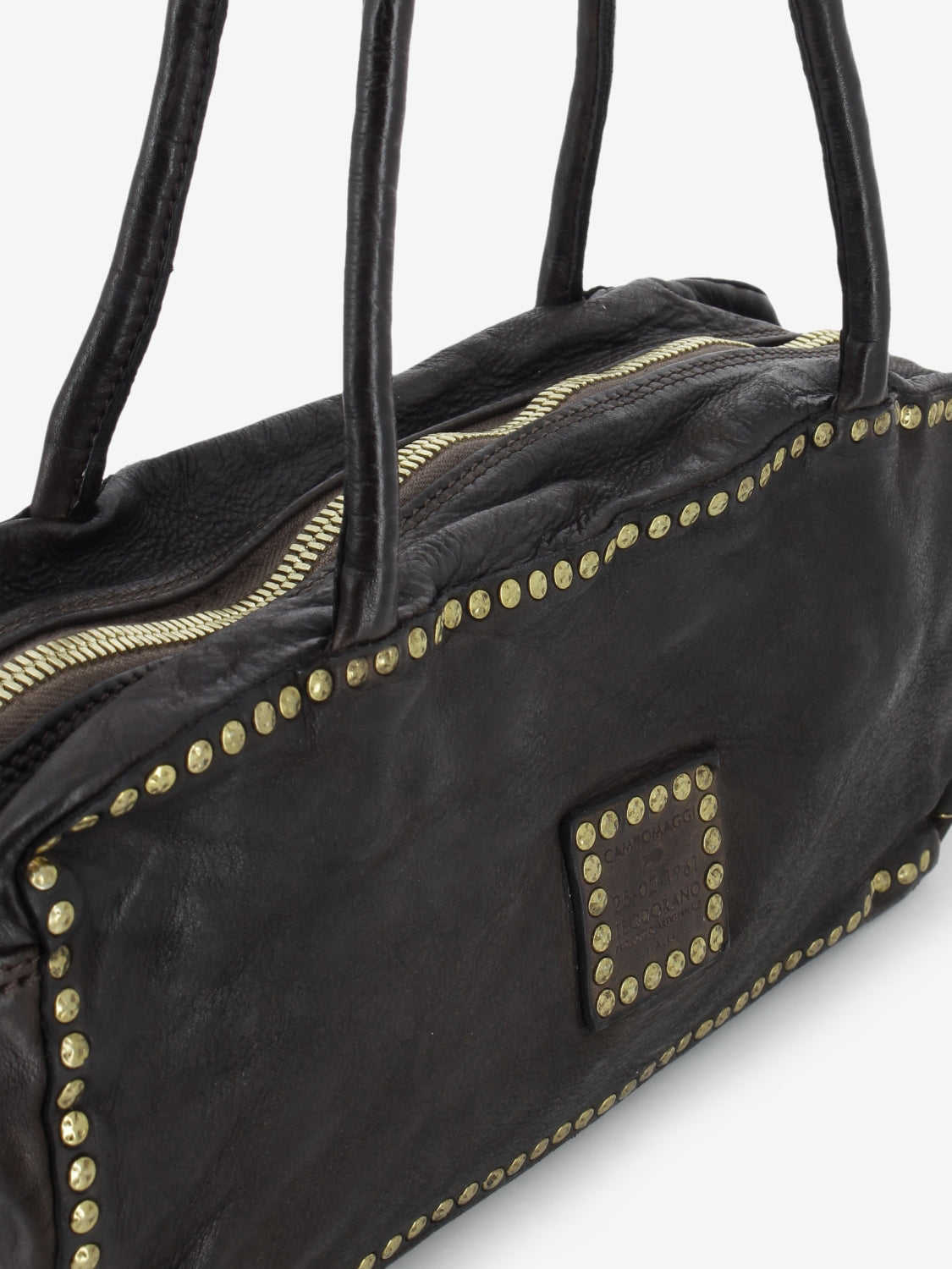 Simona dark brown studded leather Boston bag