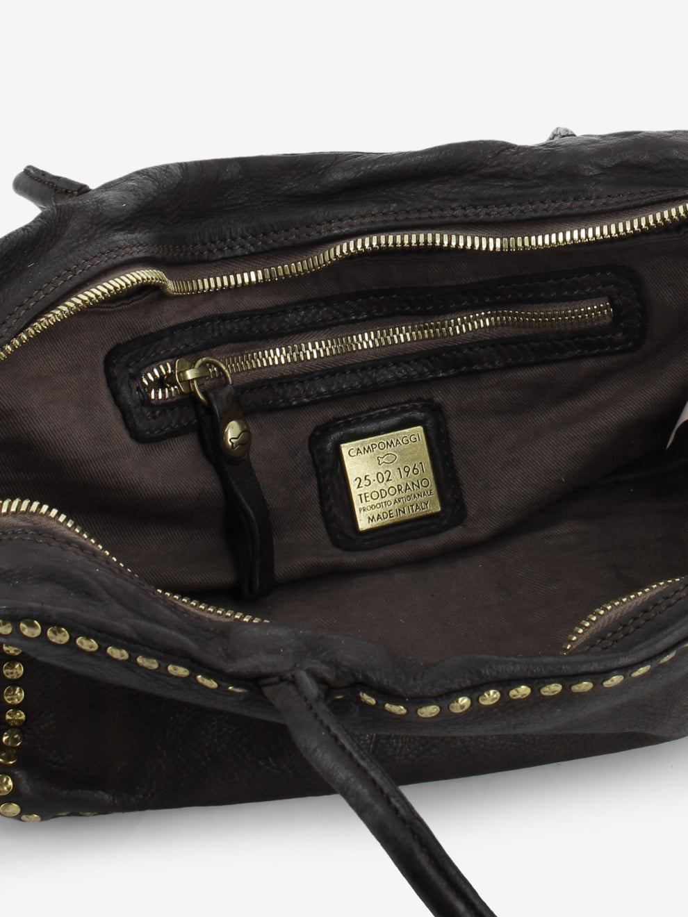 Simona dark brown studded leather Boston bag