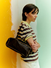 Simona dark brown studded leather Boston bag