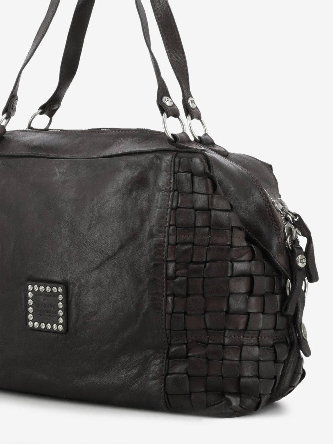 Rachele dark brown woven leather bowling bag