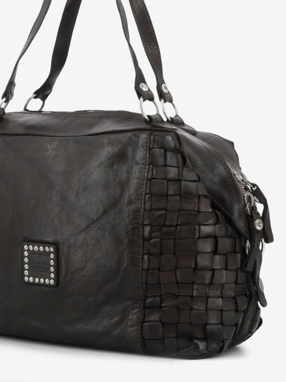 Rachele dark brown woven leather bowling bag