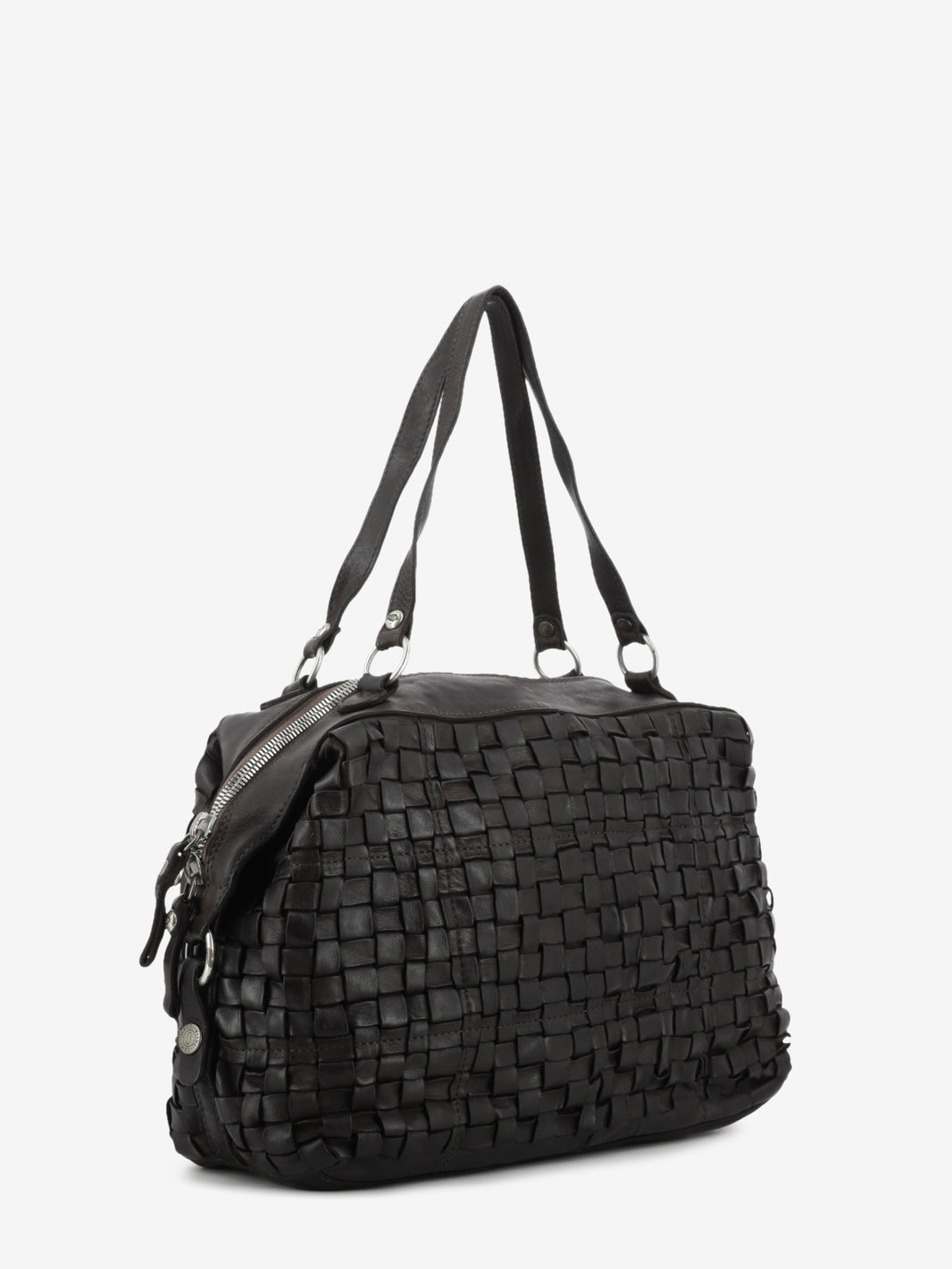 Borsa bowling Rachele in pelle intrecciata moro