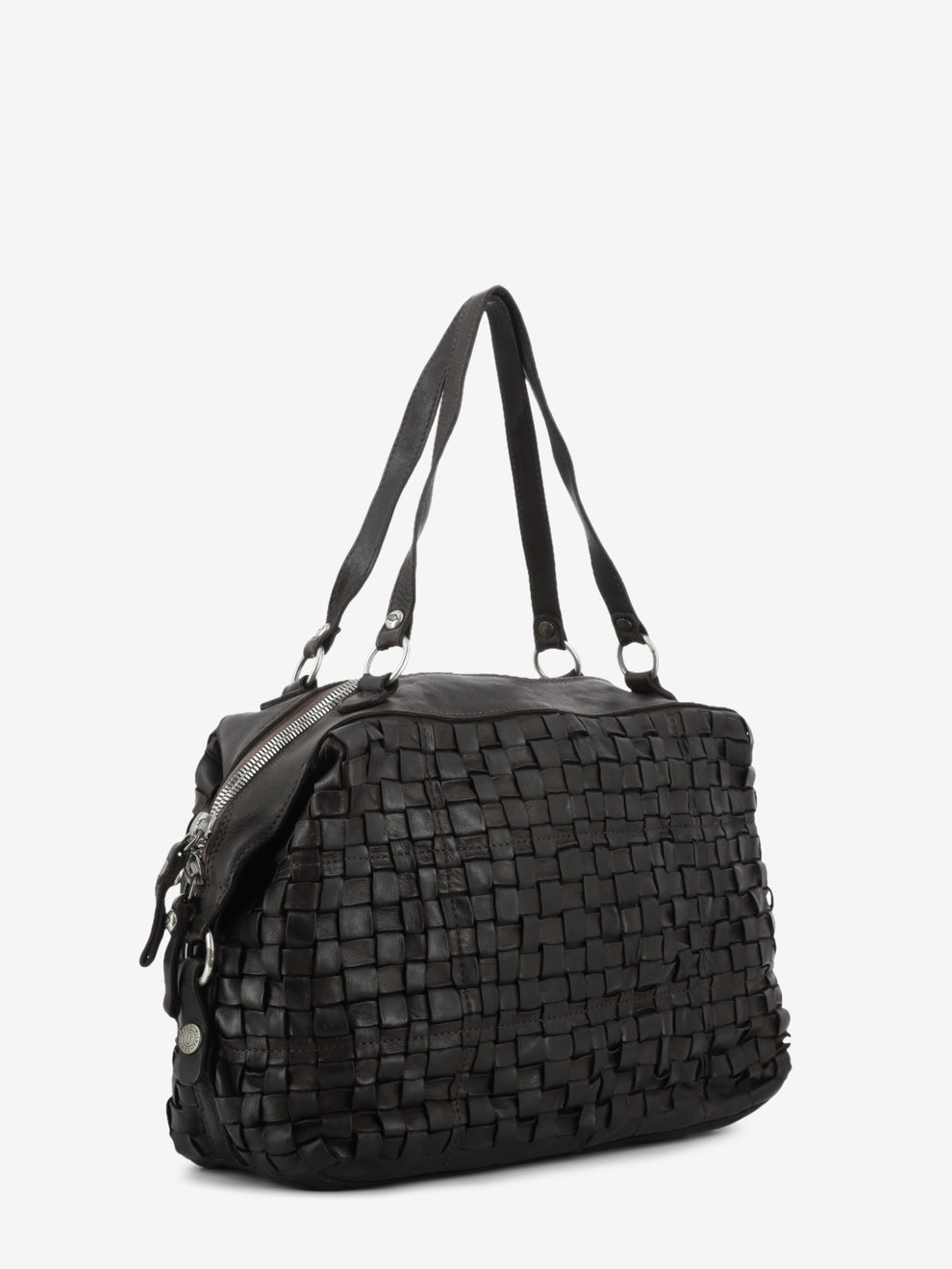 Rachele dark brown woven leather bowling bag