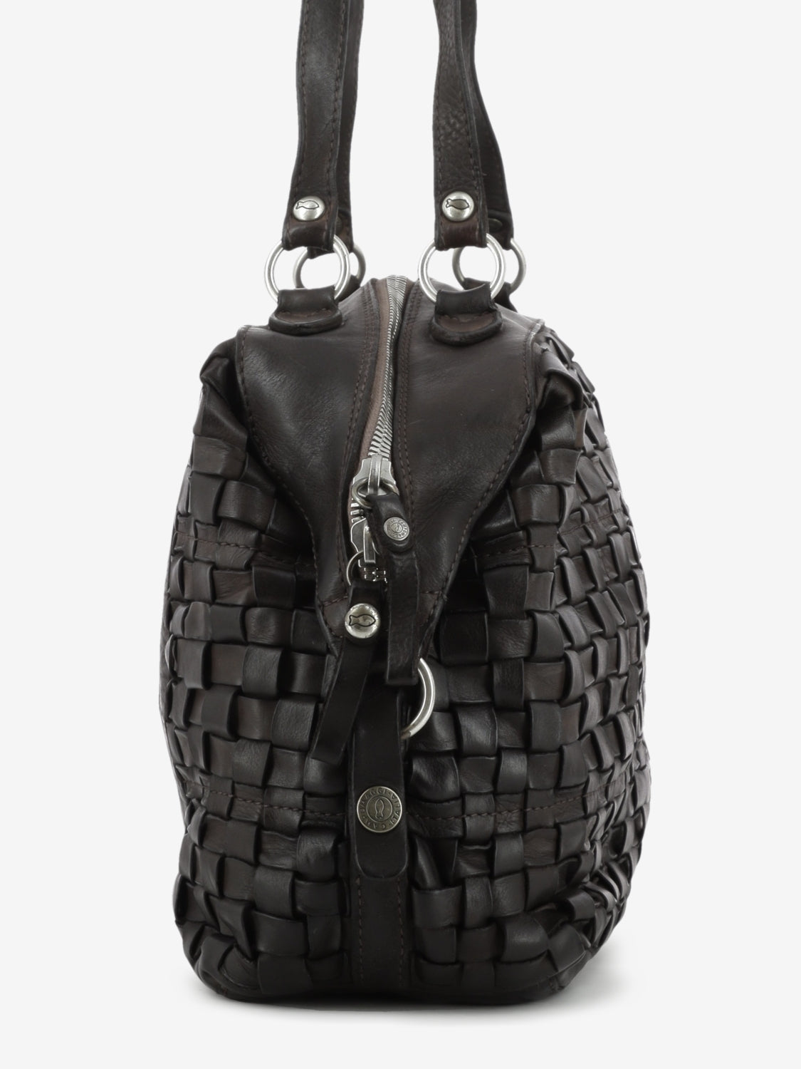 Rachele dark brown woven leather bowling bag