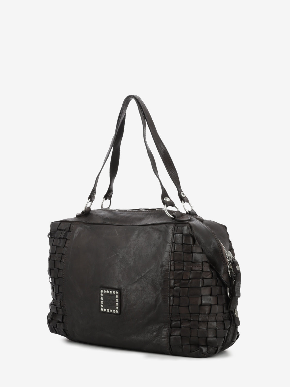 Rachele dark brown woven leather bowling bag
