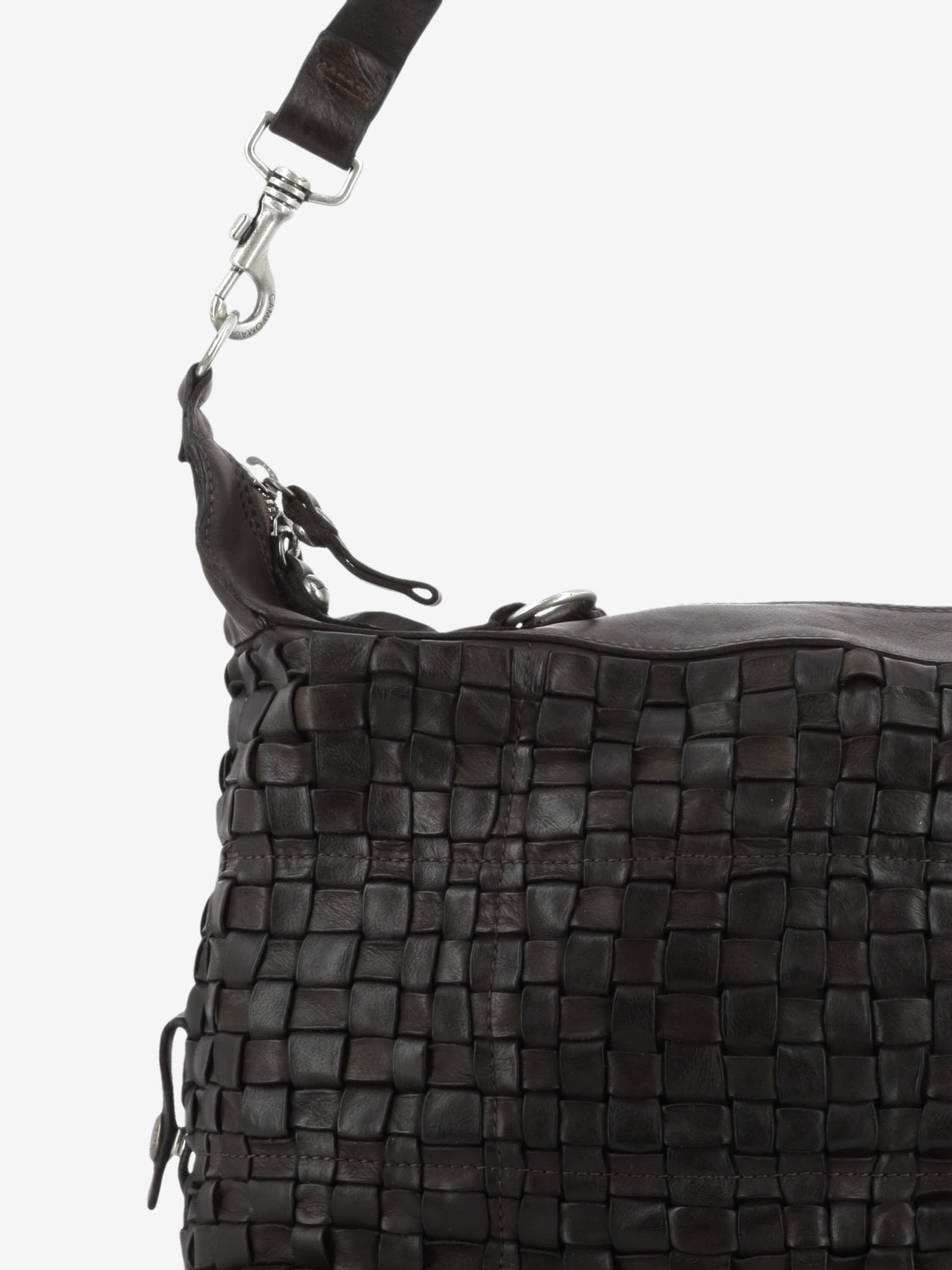 Rachele dark brown woven leather bowling bag