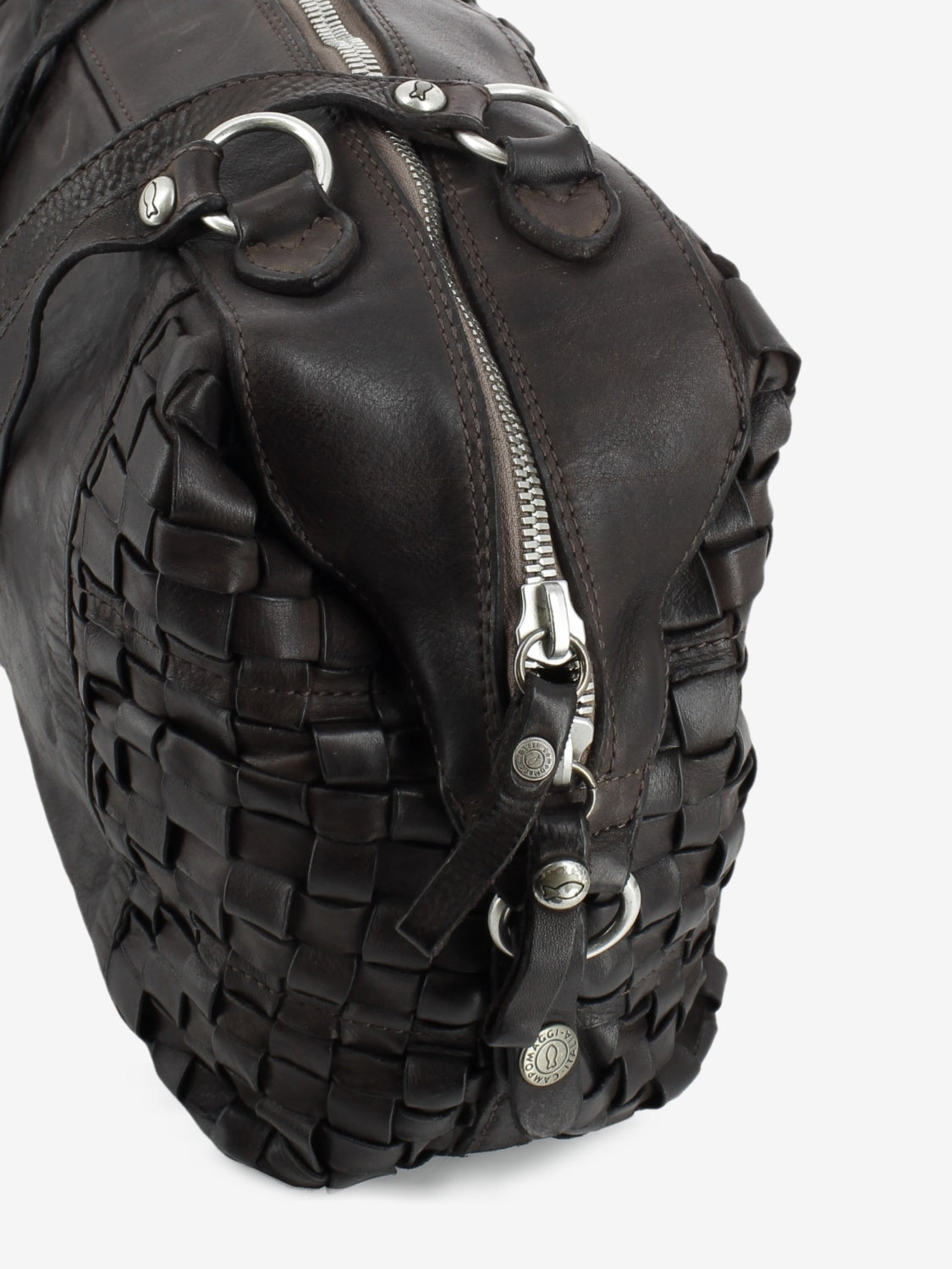 Rachele dark brown woven leather bowling bag