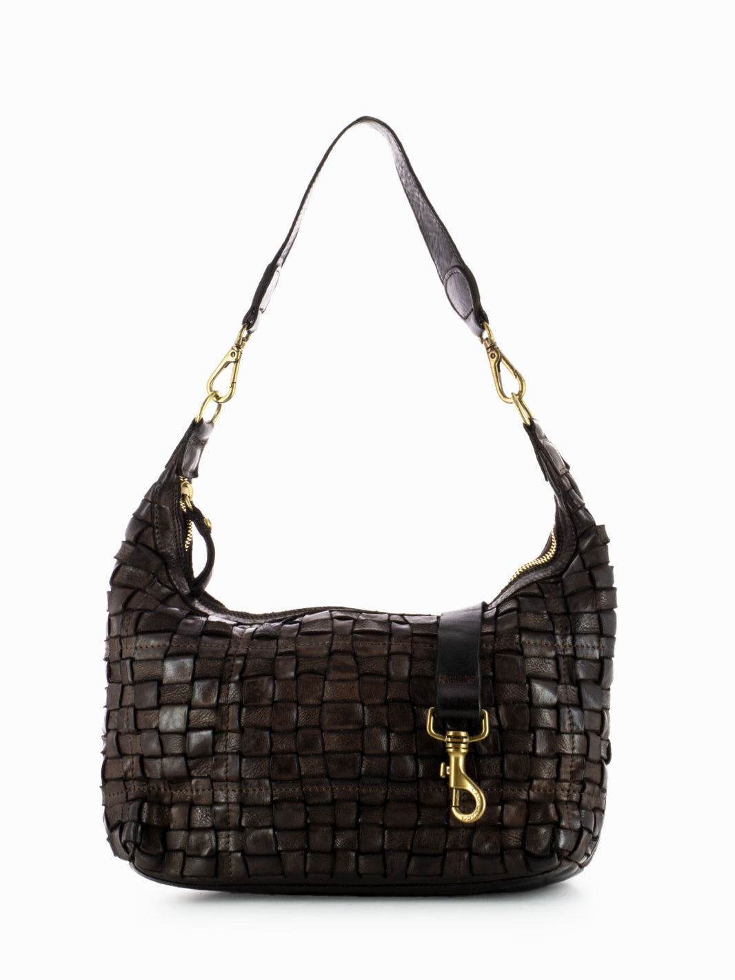 Single shoulder leather bag with dark brown woven decoration