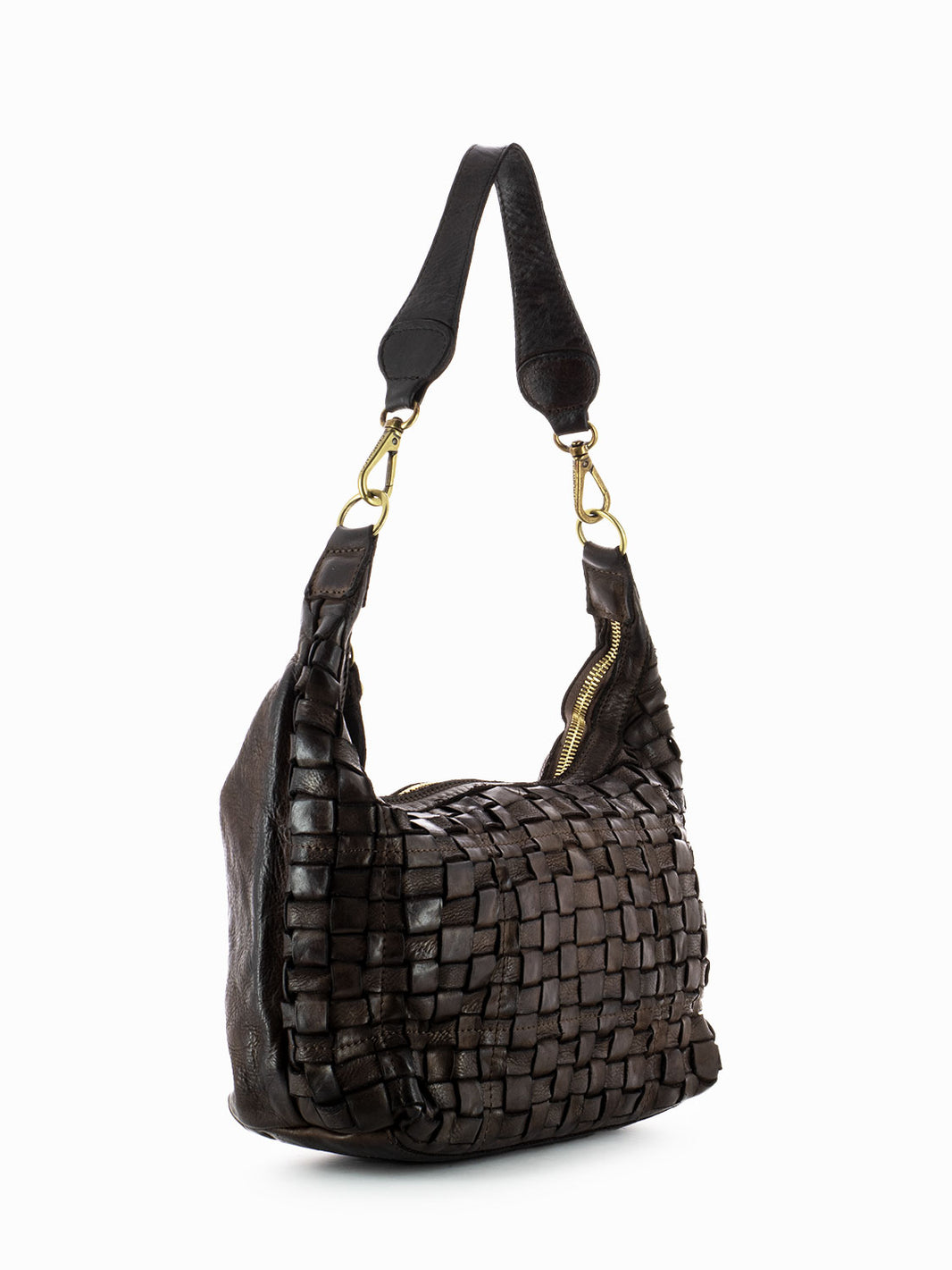 Single shoulder leather bag with dark brown woven decoration