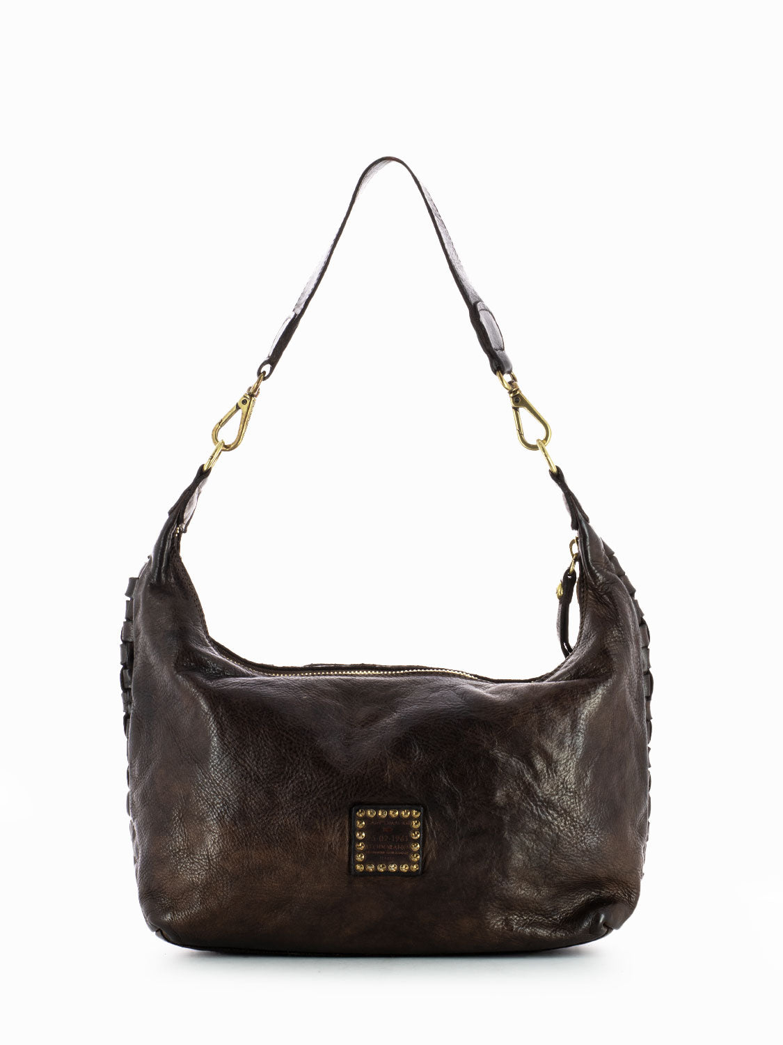 Borsa monospalla in pelle con decoro intrecciato testa di moro