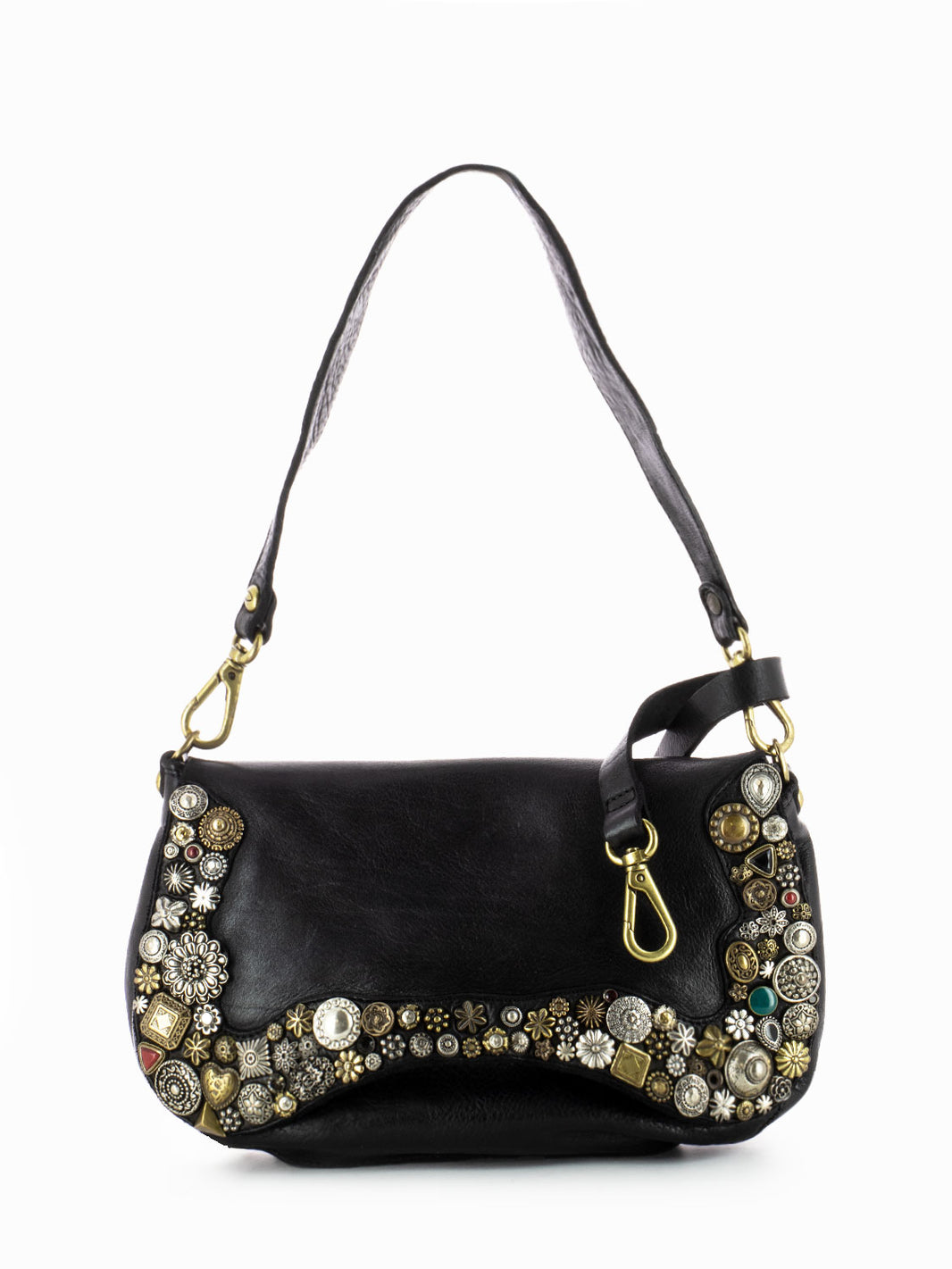 Black studded mix leather one shoulder bag