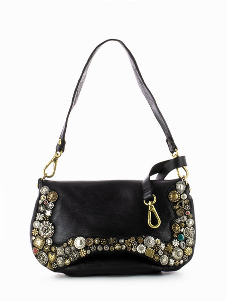 Borsa monospalla in pelle con mix borchie nera