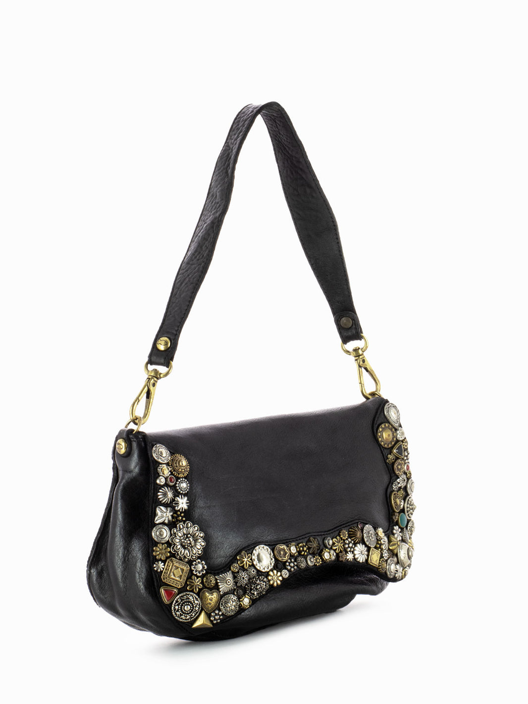 Black studded mix leather one shoulder bag