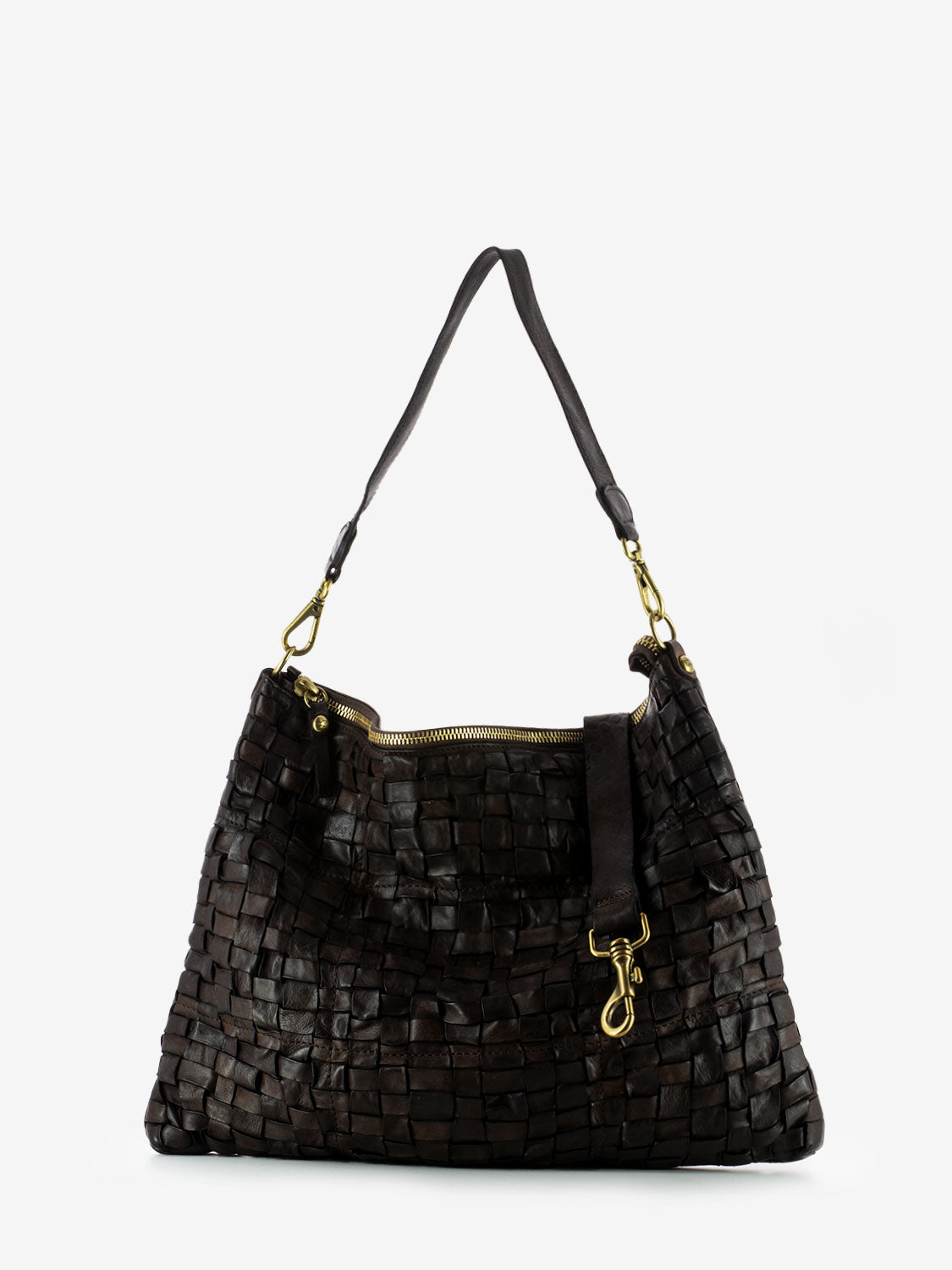 Borsa monospalla in pelle intrecciata moro