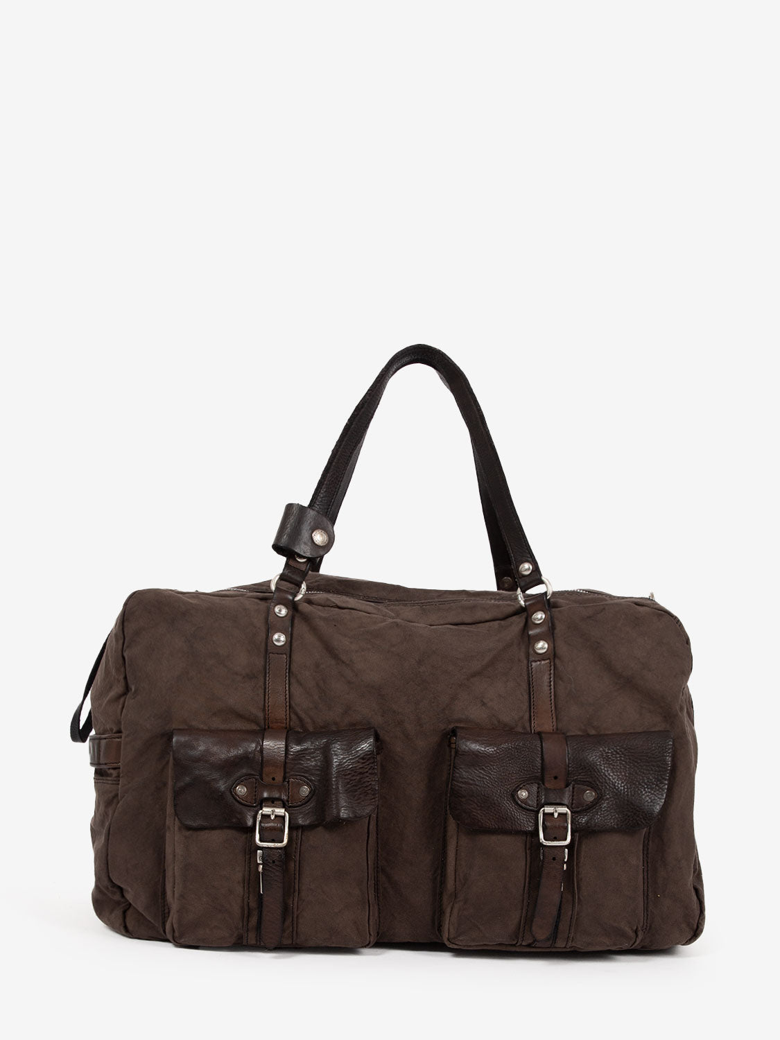 Canvas and leather duffel bag with pockets brown
