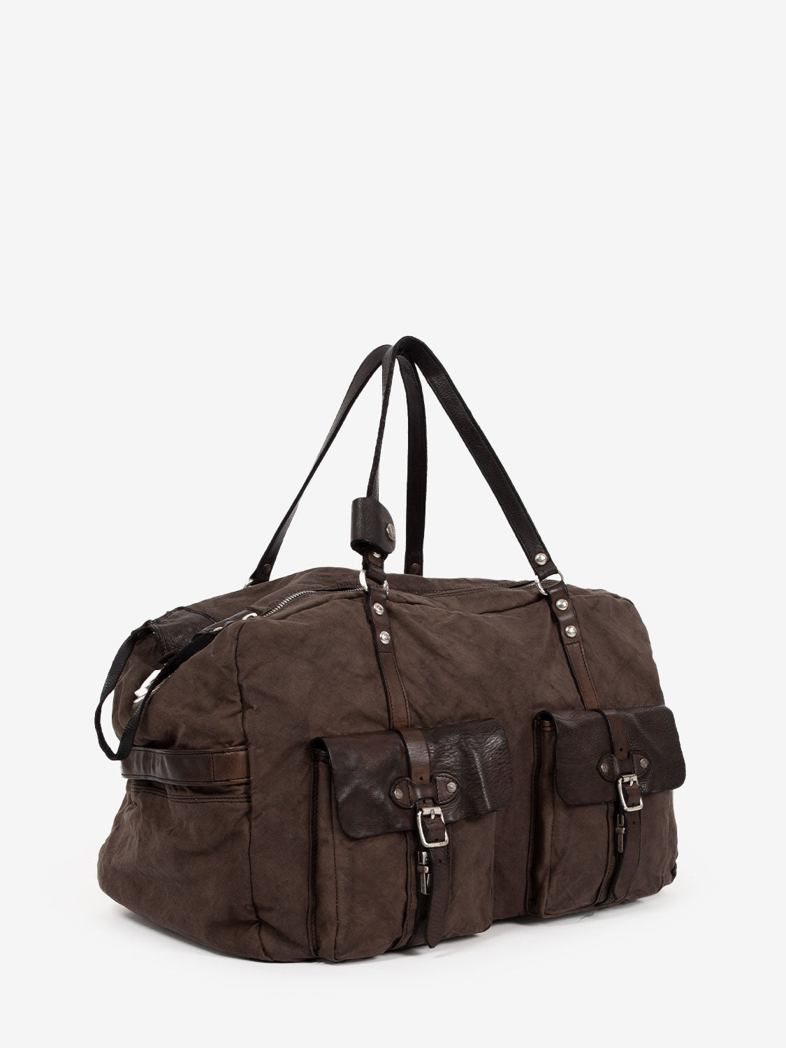 Canvas and leather duffel bag with pockets brown