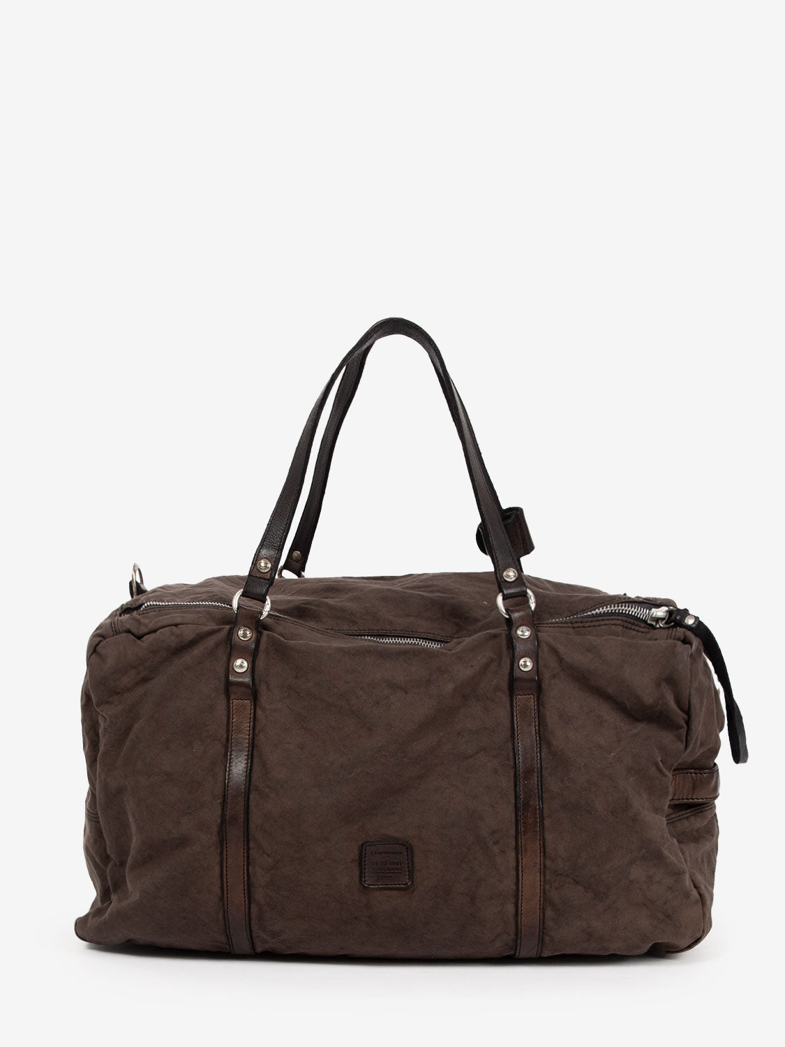 Canvas and leather duffel bag with pockets brown