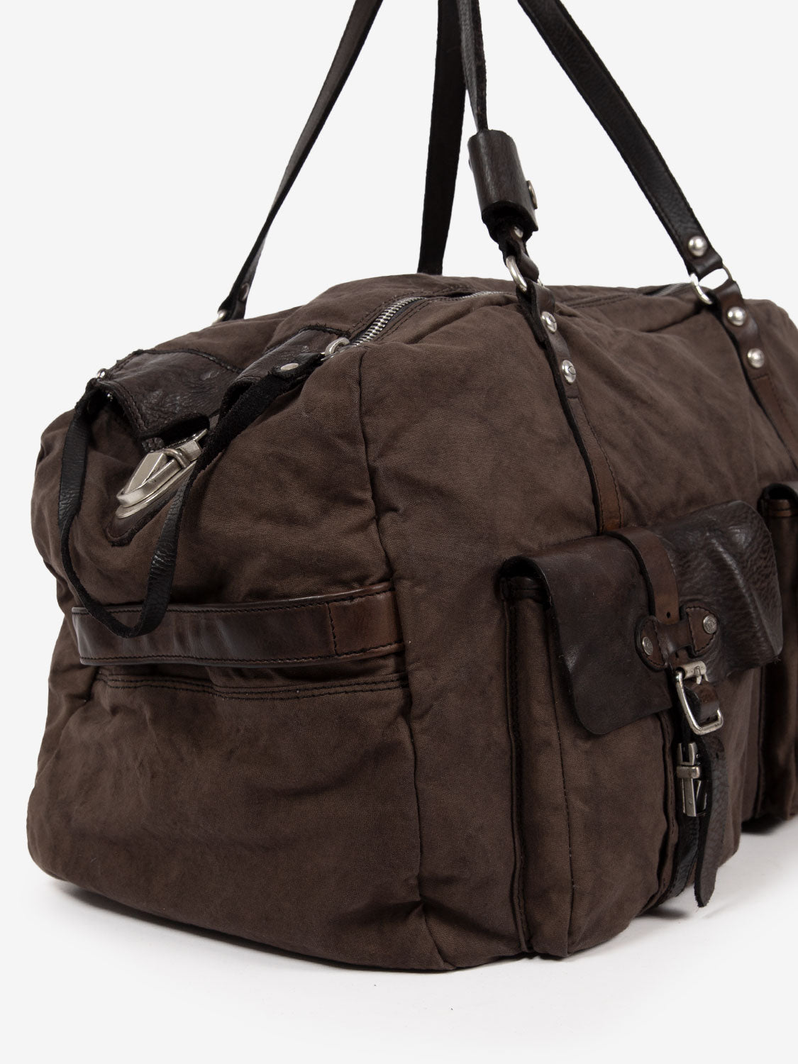 Canvas and leather duffel bag with pockets brown