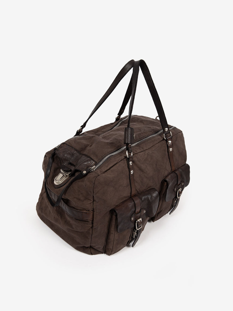 Canvas and leather duffel bag with pockets brown