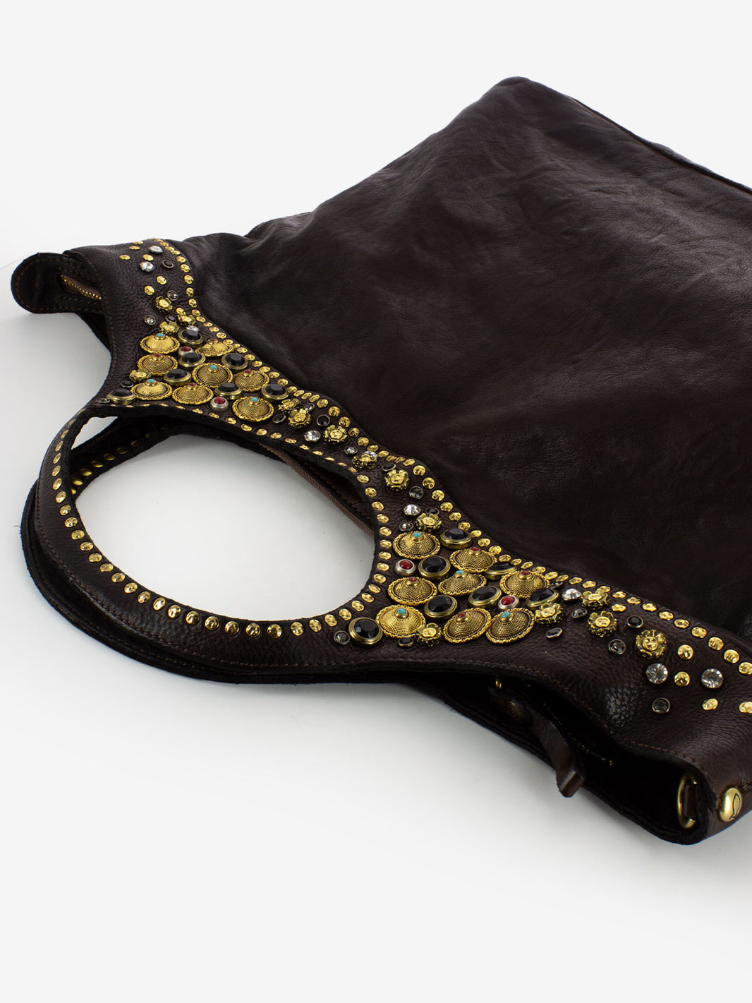 Shopper in pelle con borchie colorate marrone