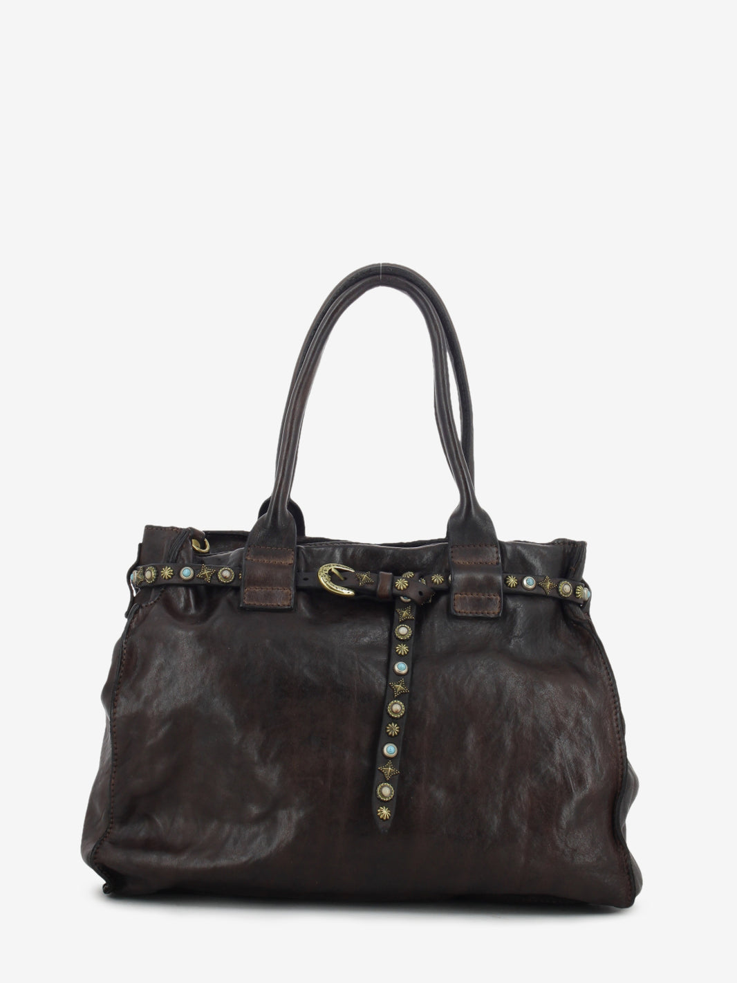 Brown studded leather Rossella shopper bag