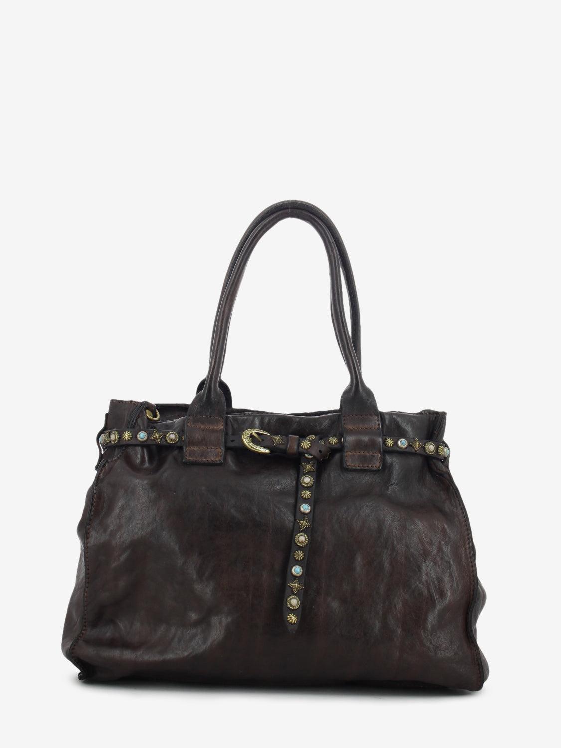 Brown studded leather Rossella shopper bag