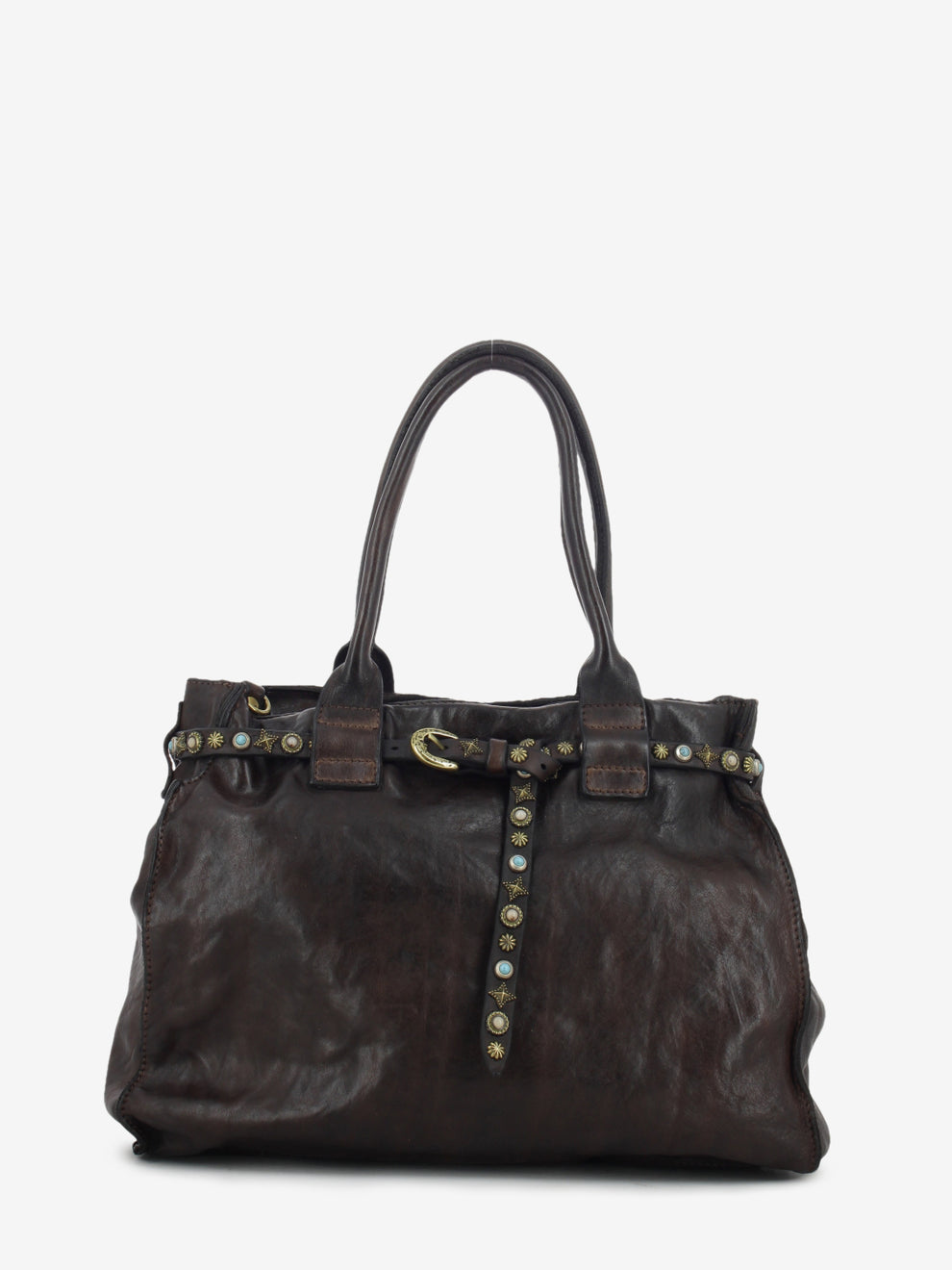 Brown studded leather Rossella shopper bag