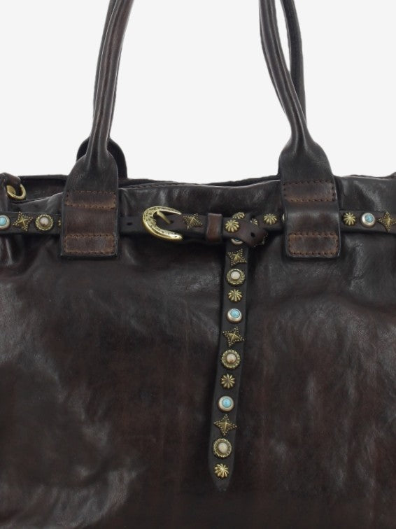 Brown studded leather Rossella shopper bag