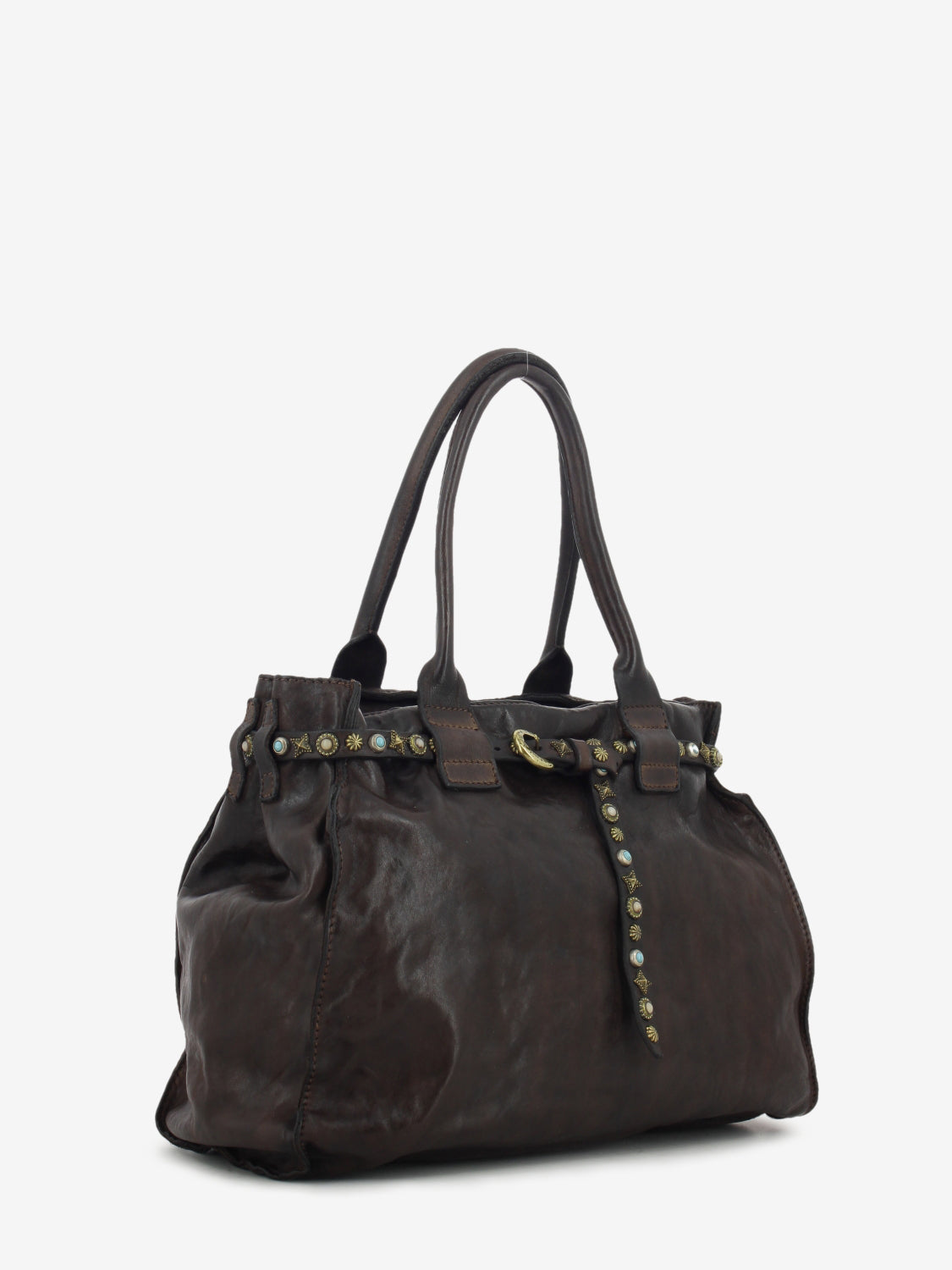 Brown studded leather Rossella shopper bag