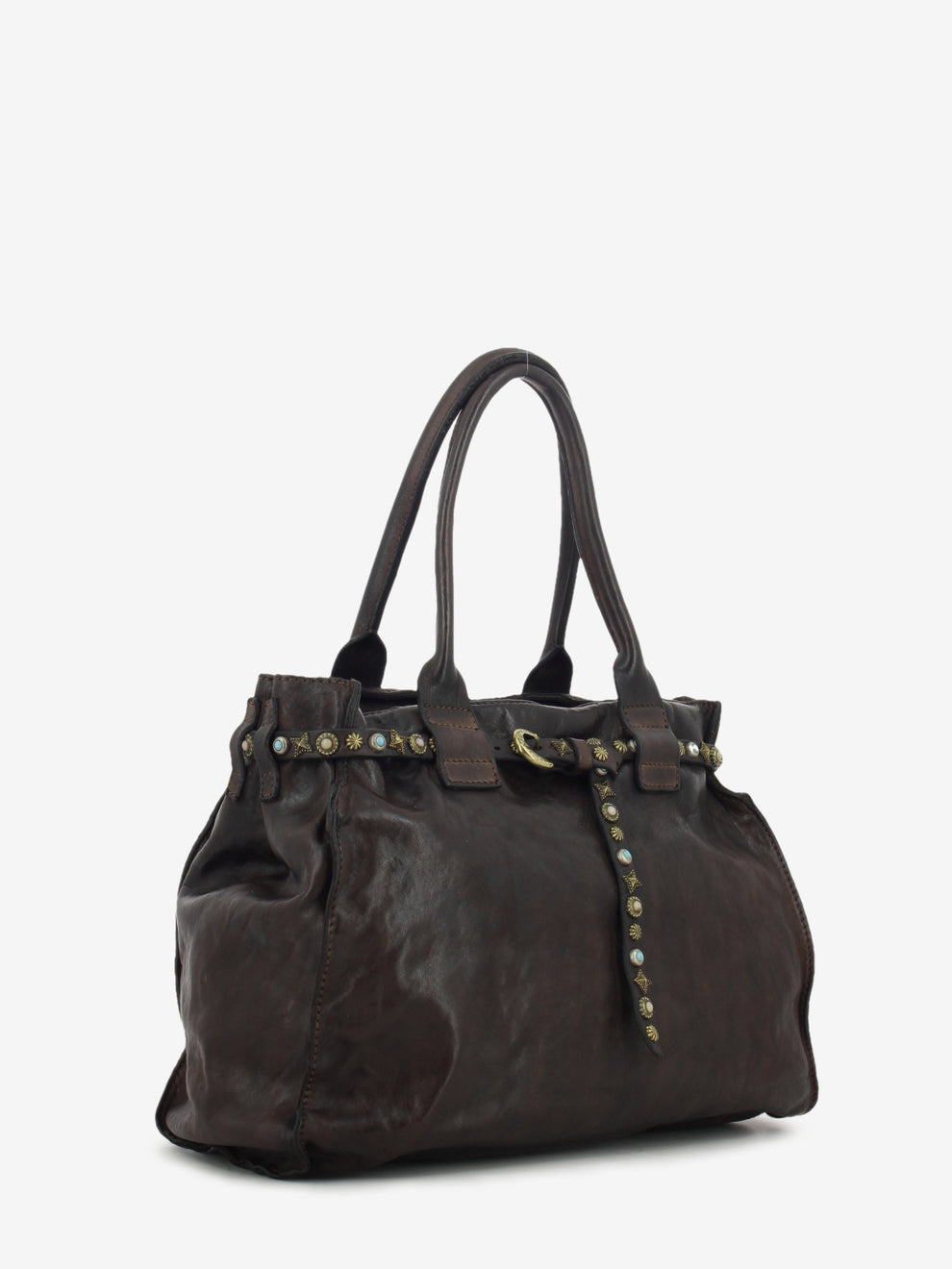 Brown studded leather Rossella shopper bag