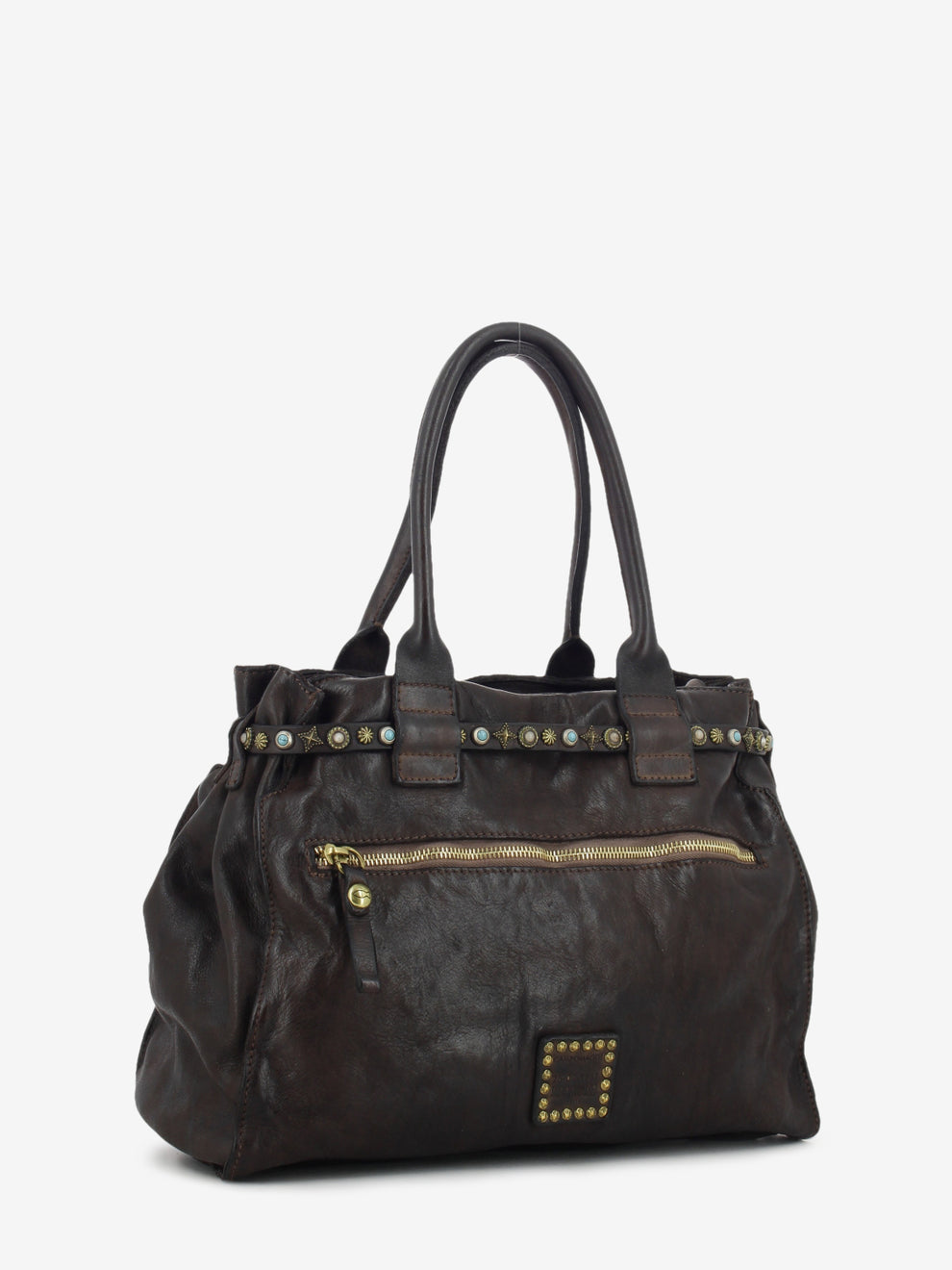 Brown studded leather Rossella shopper bag