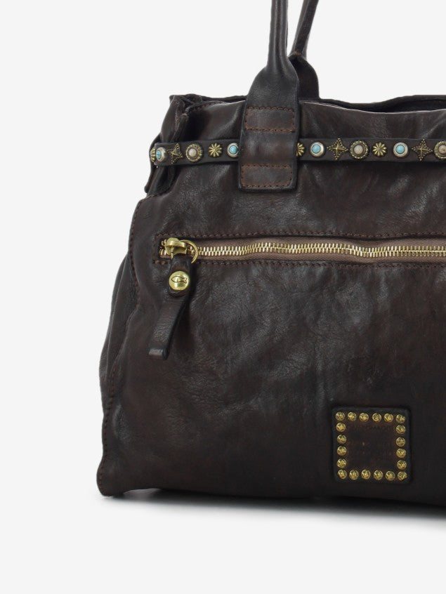 Brown studded leather Rossella shopper bag