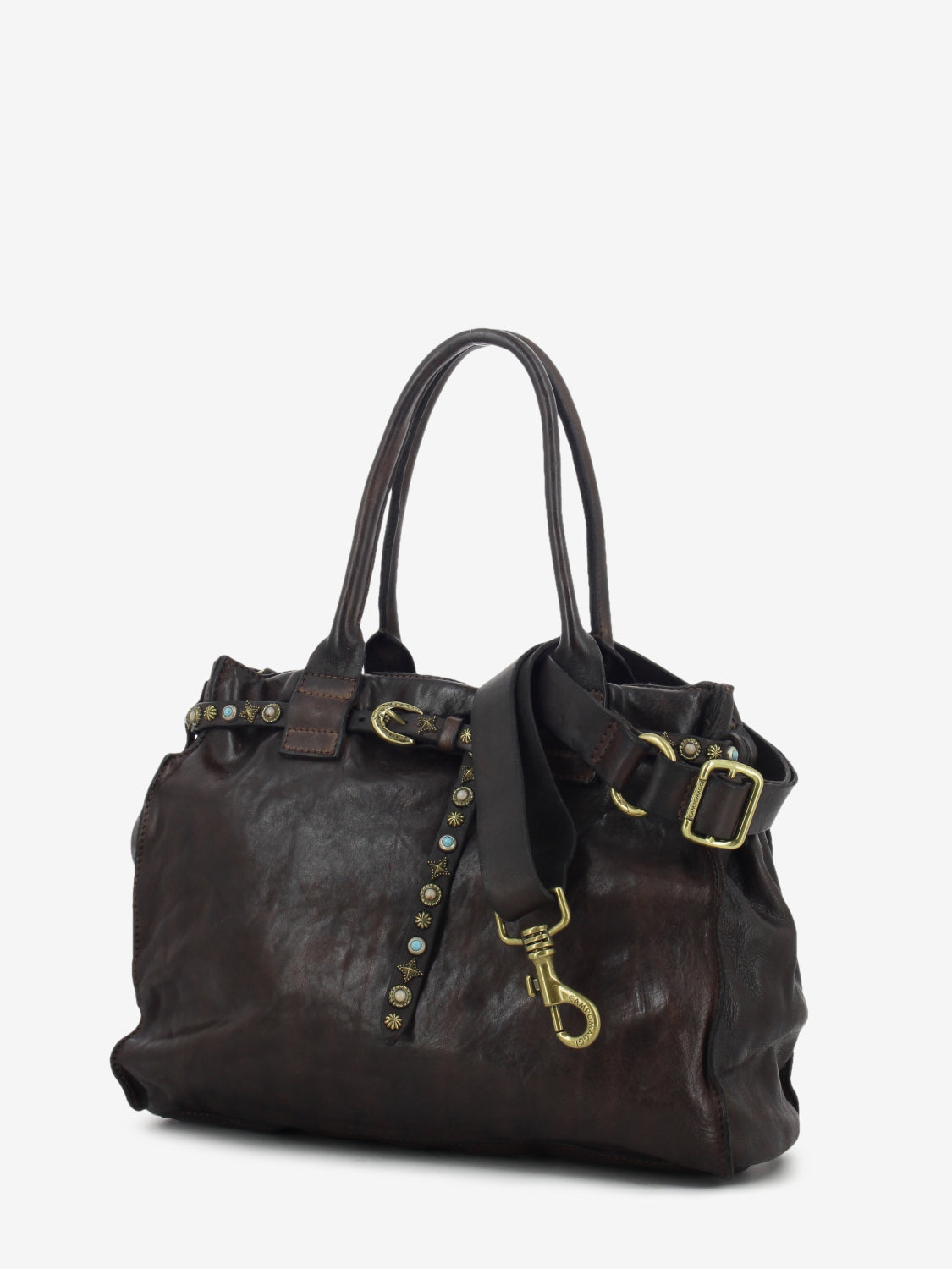 Brown studded leather Rossella shopper bag