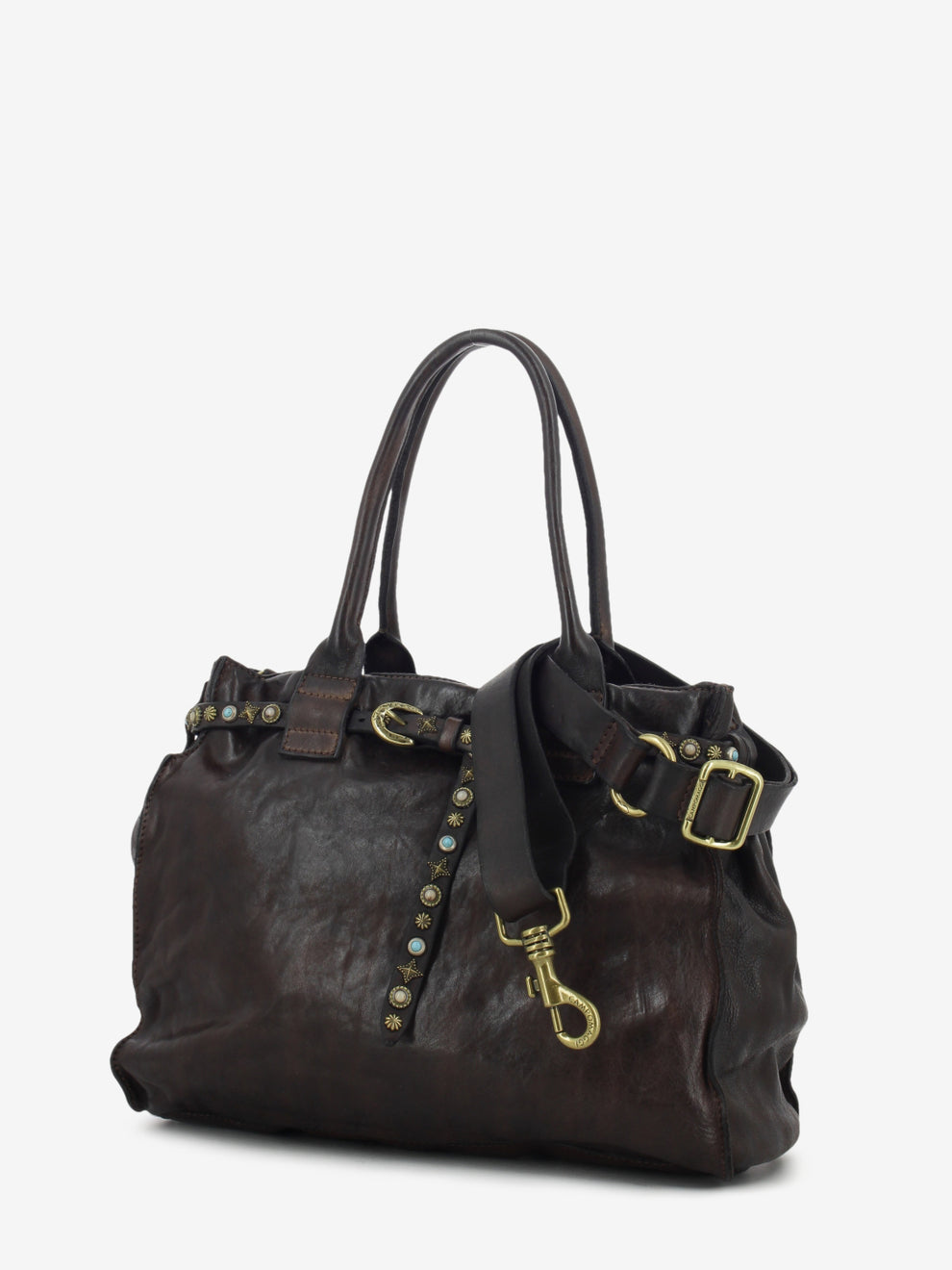 Brown studded leather Rossella shopper bag