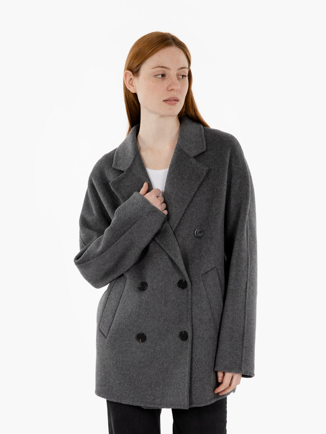 Short grey double-breasted coat