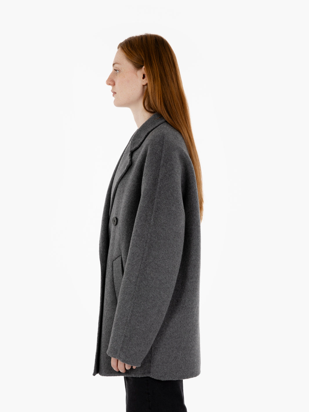 Short grey double-breasted coat