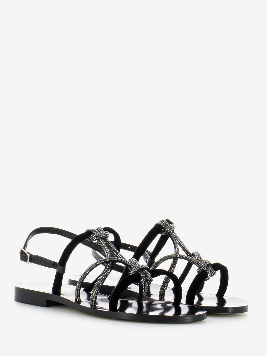 Velvet sandals with black micro crystals