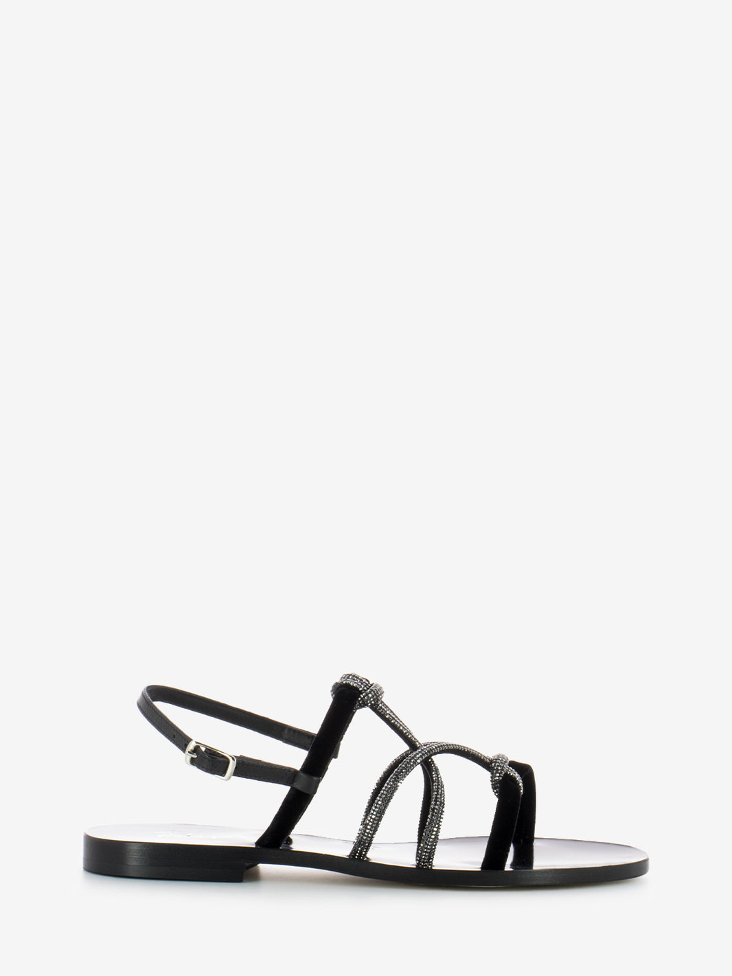Velvet sandals with black micro crystals