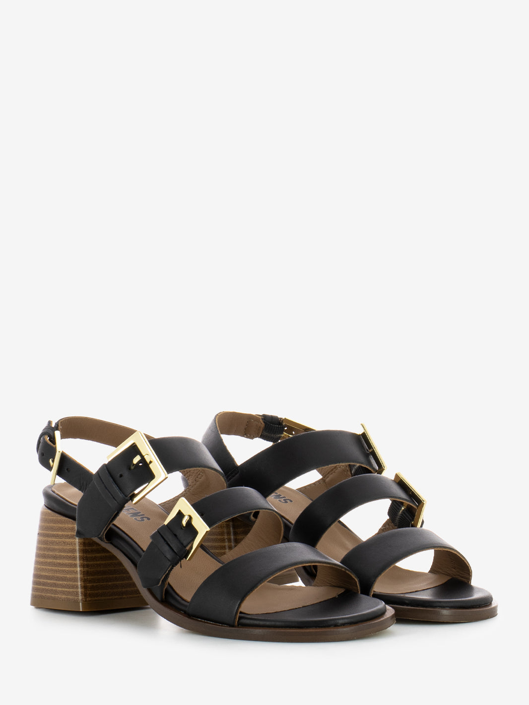 Sandalo tacco con fibbie in pelle nero