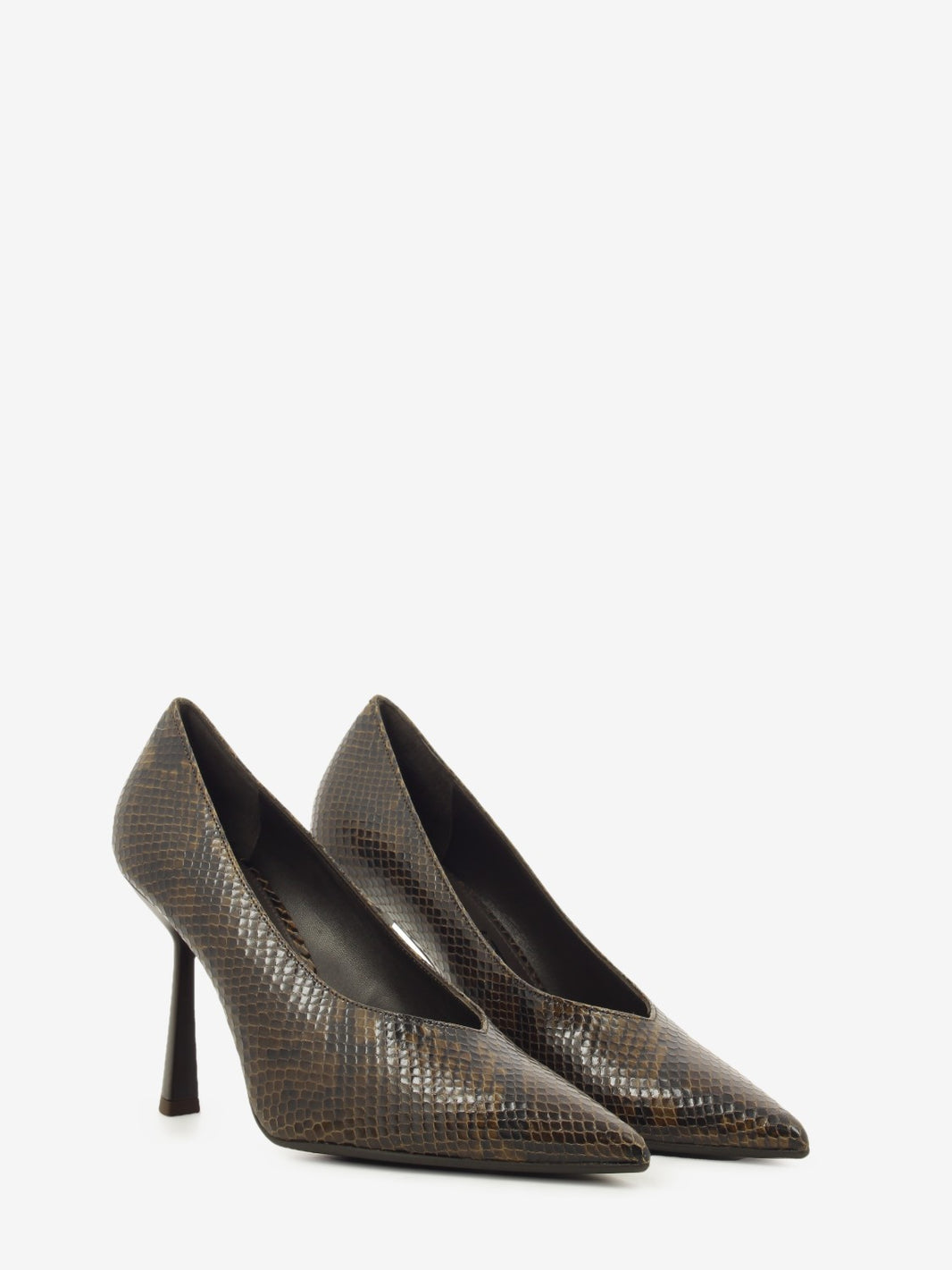 Dark brown python print leather pumps