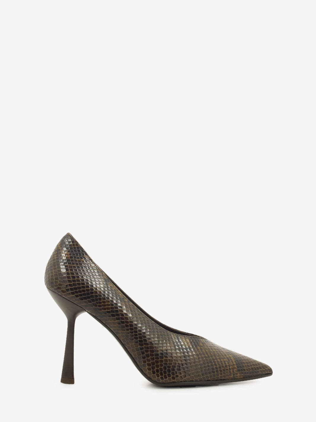 Dark brown python print leather pumps