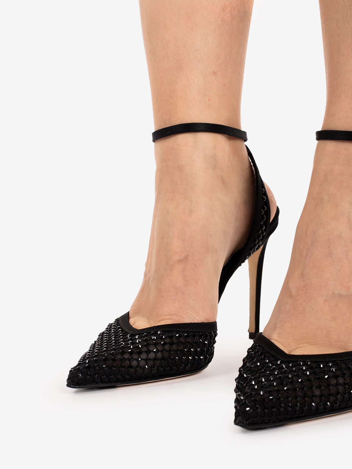 Black mesh slingbacks with rhinestones