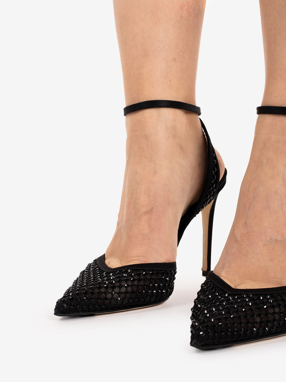 Black mesh slingbacks with rhinestones
