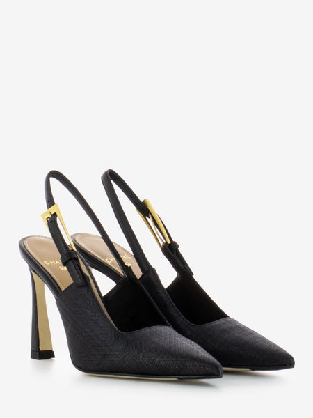 Slingback in rafia con tacco nero