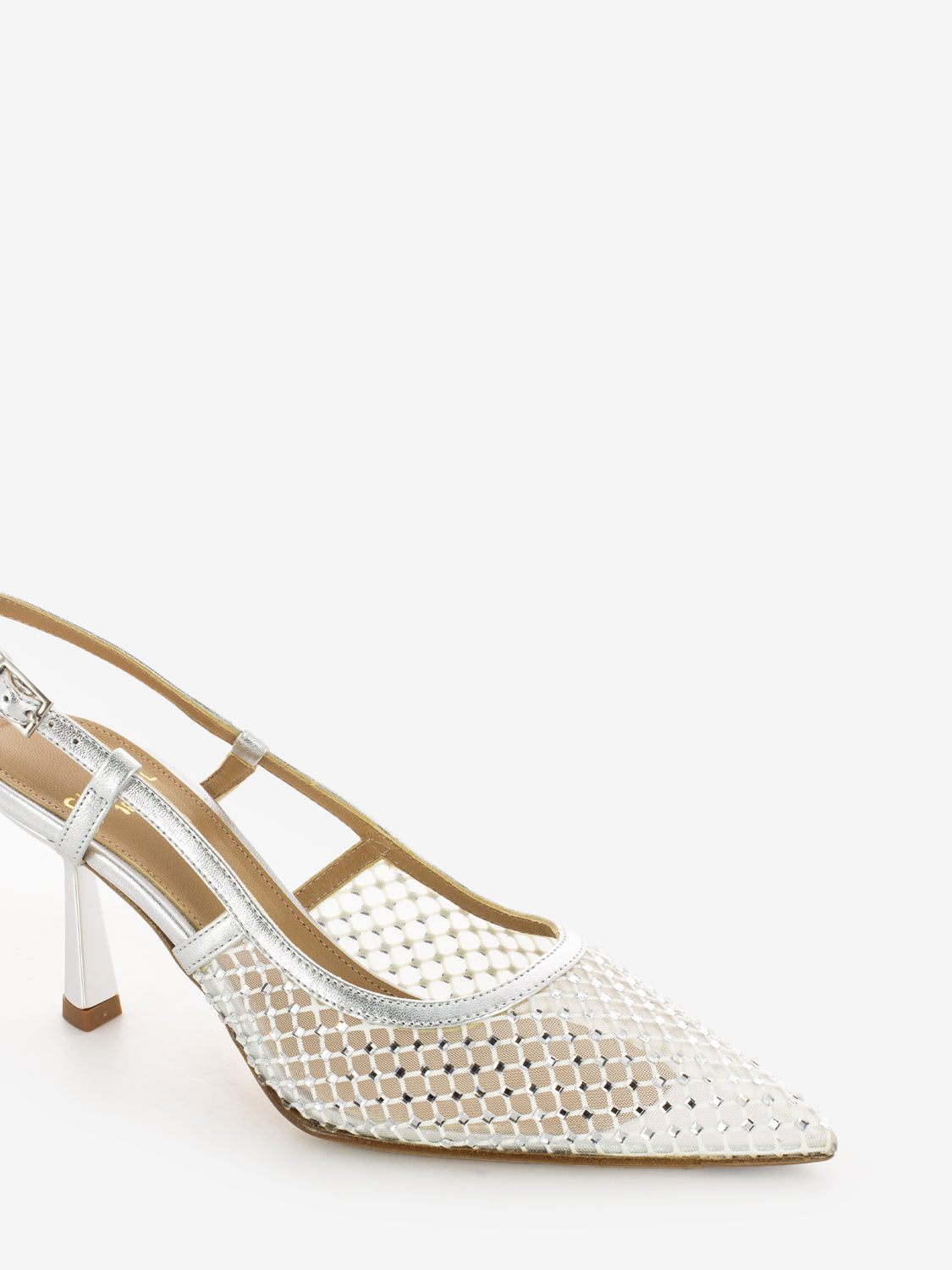 Mesh slingback with silver rhinestones