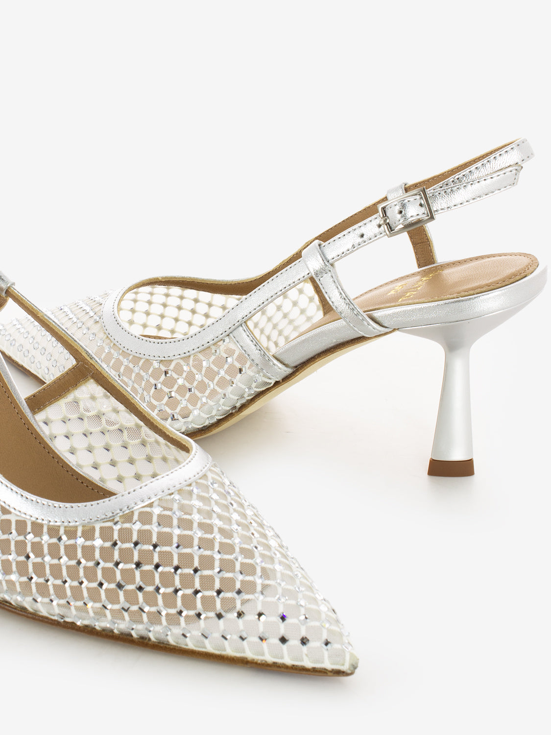 Mesh slingback with silver rhinestones