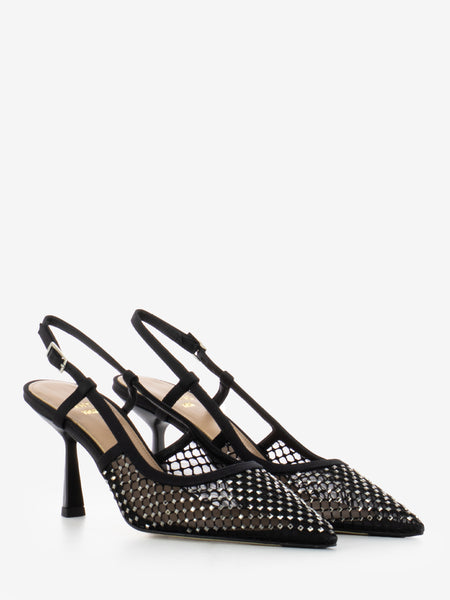 Slingback in rete con strass applicati nero