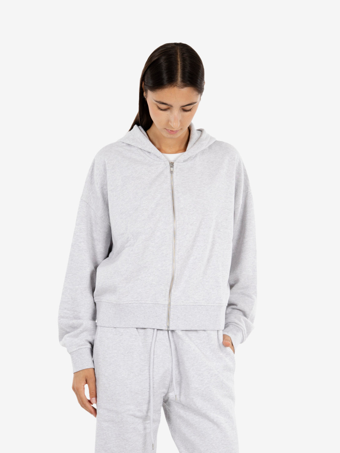 Organic crop zip hood snow melange