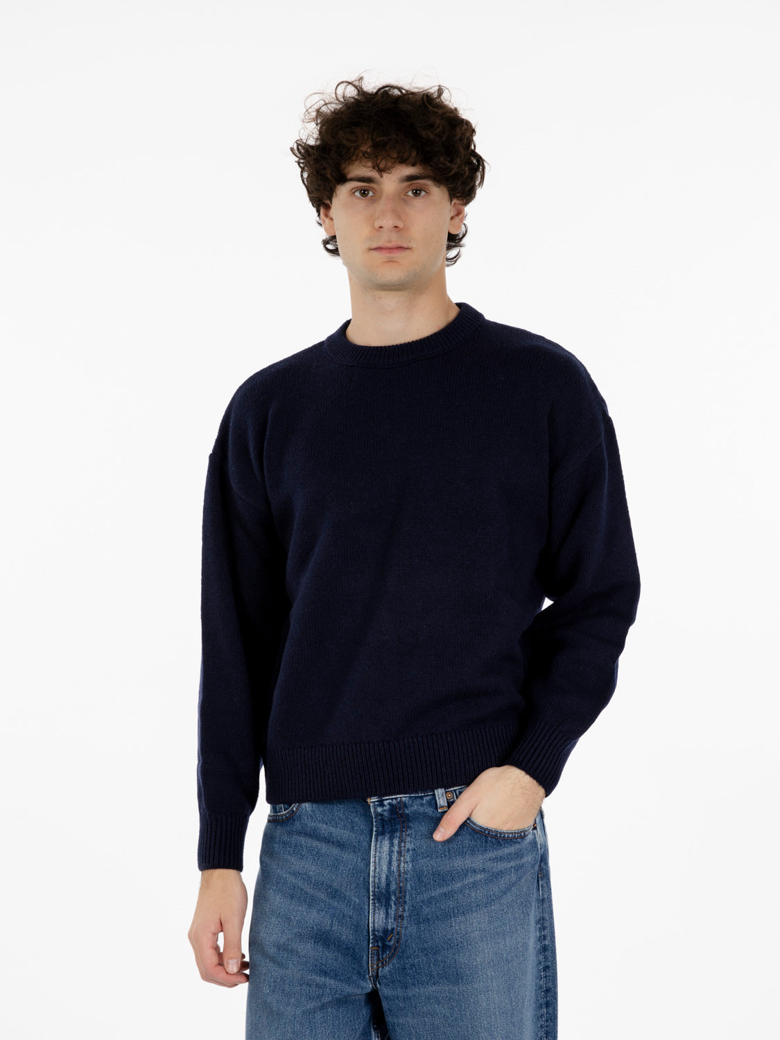Oversized navy blue merino wool crew neck
