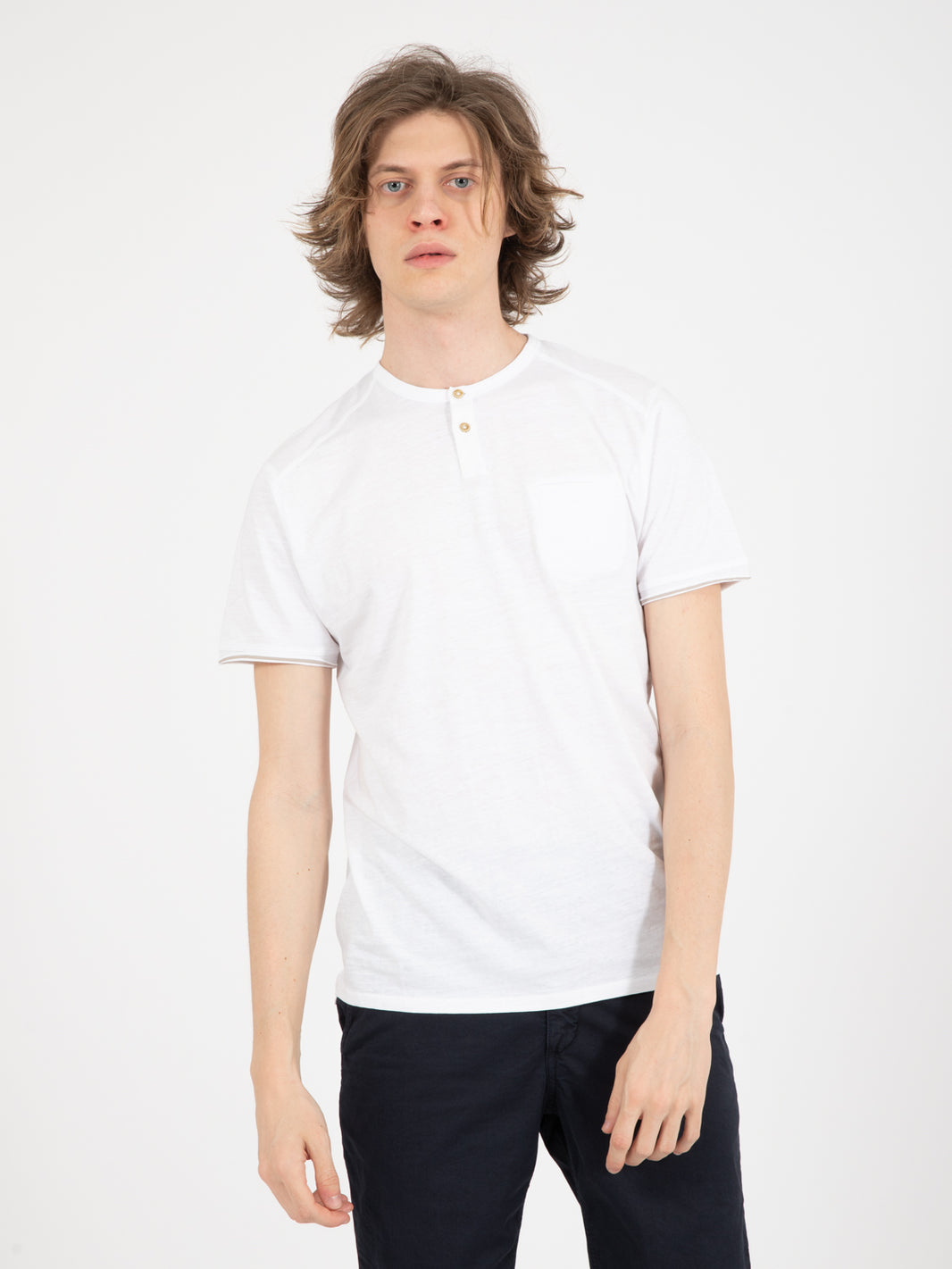 White two-button henley T-shirt